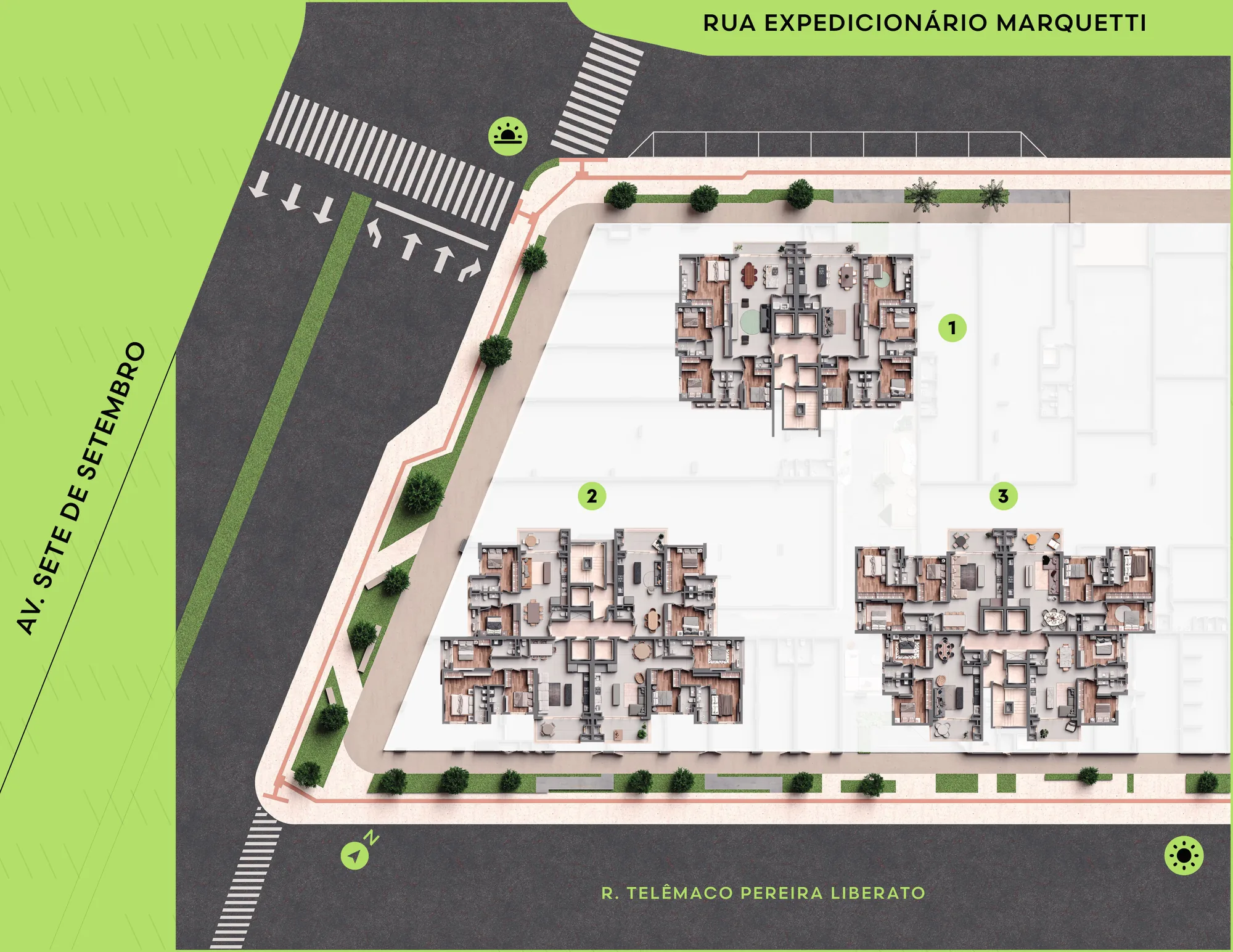 Implantação das três torres no terreno, com as ruas do entorno