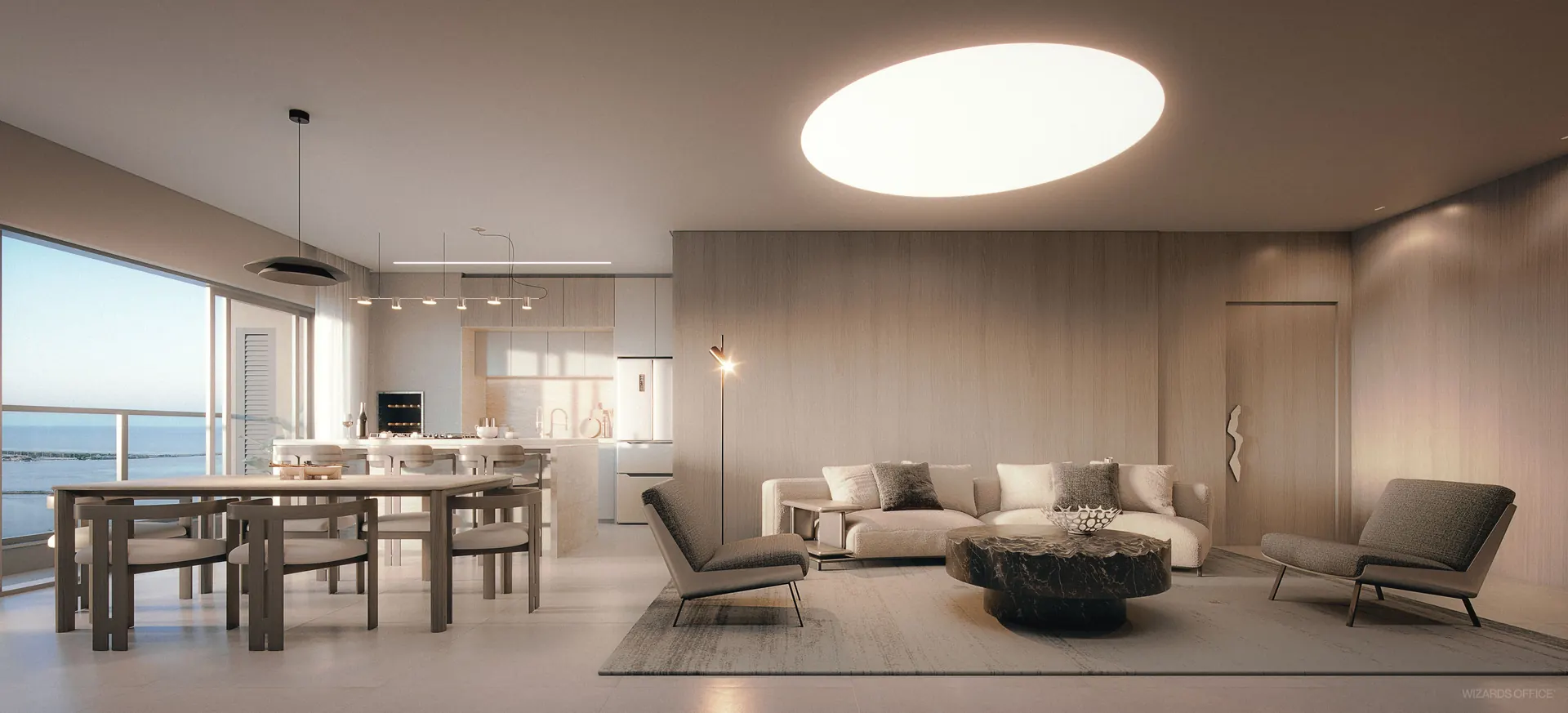 Living integrado do apartamento de 154 m²