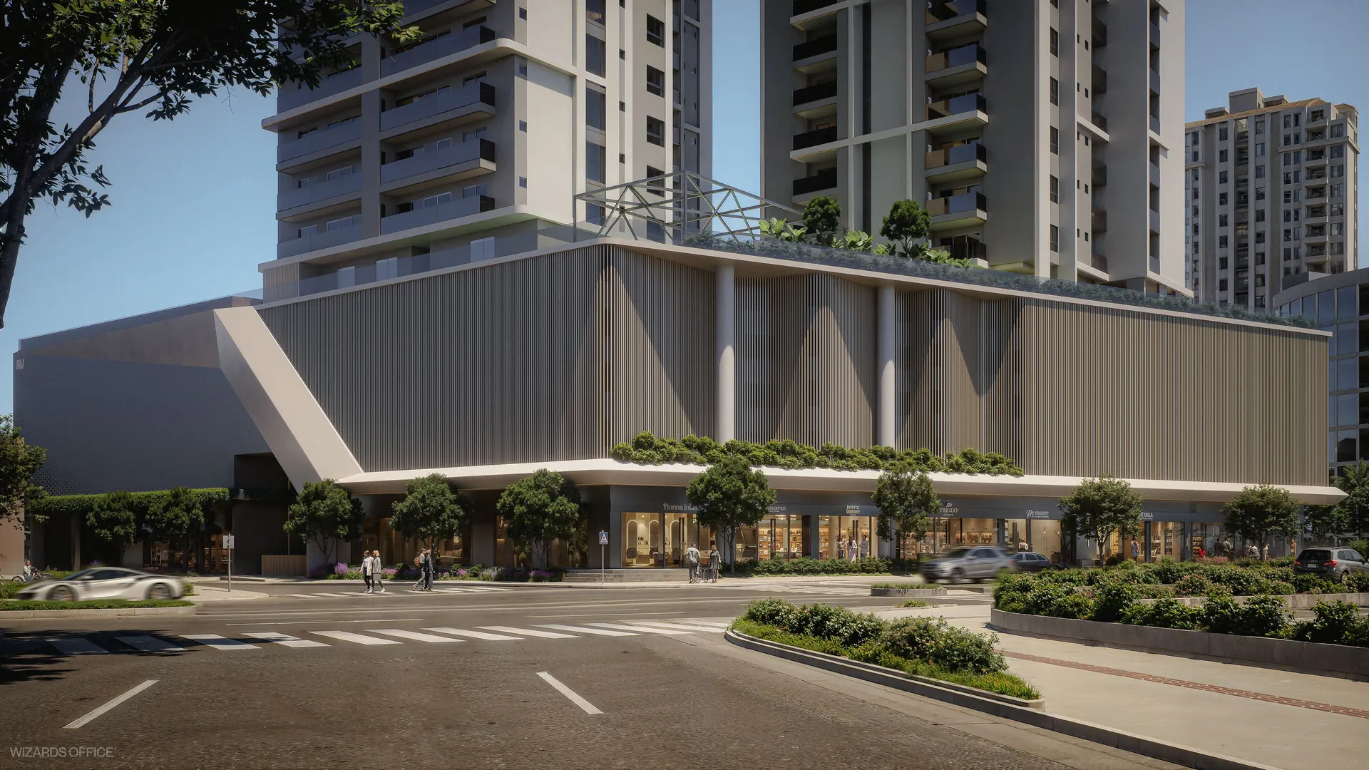 Base do empreendimento com as lojas do Fazenda Mall e o paisagismo da calçada