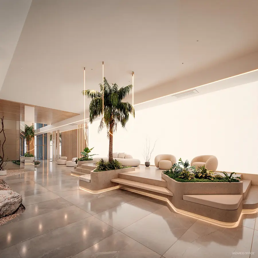 Hall de entrada com pé-direito duplo, jardim interno e sofás