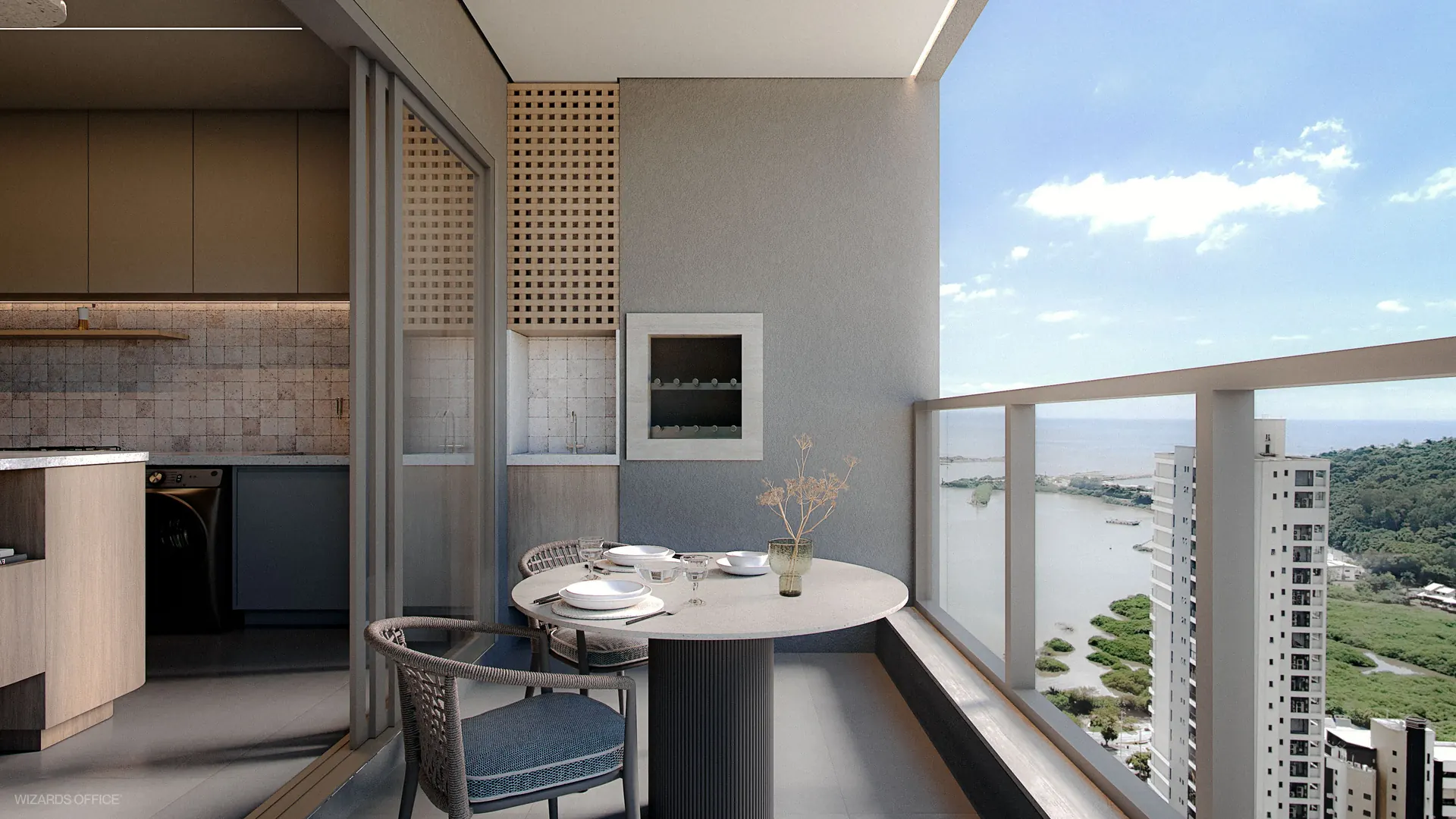 Varanda com churrasqueira do apartamento de 86 m²